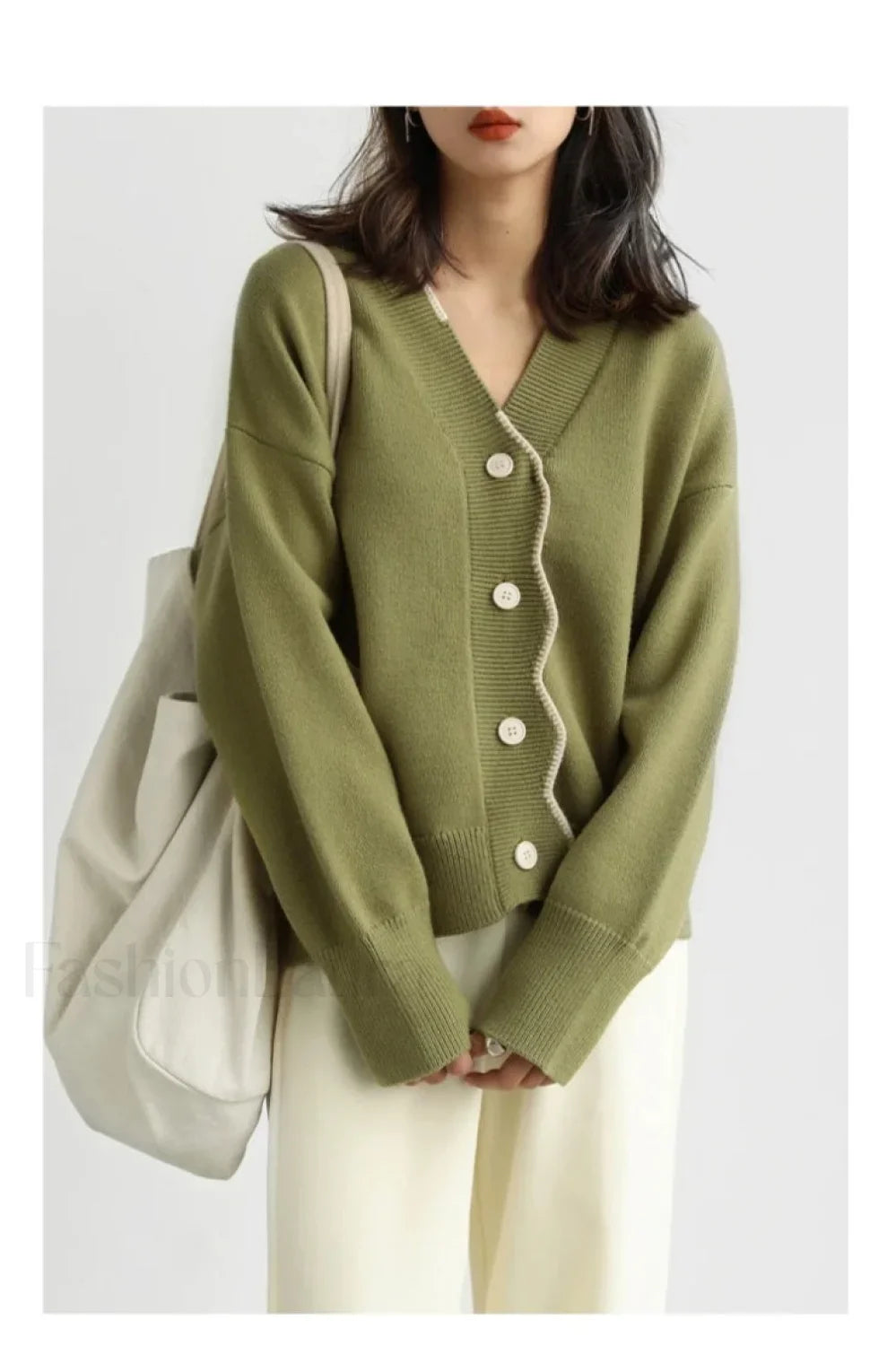 Basic V neck Loose Knit Cardigan Green / S