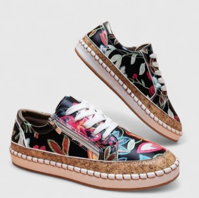 Floral Print Lace Up Side Zip Cork Platform Sneakers