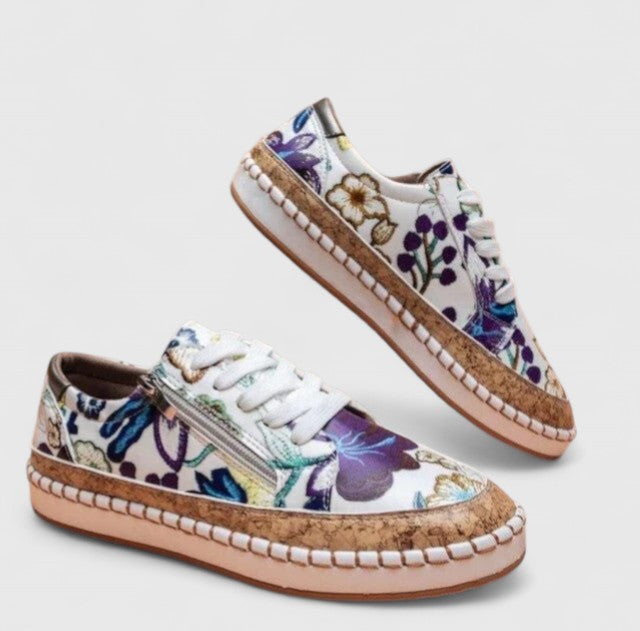 Floral Print Lace Up Side Zip Cork Platform Sneakers