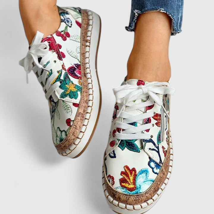 Floral Print Lace Up Side Zip Cork Platform Sneakers