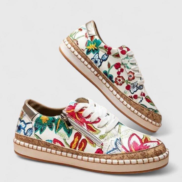 Floral Print Lace Up Side Zip Cork Platform Sneakers