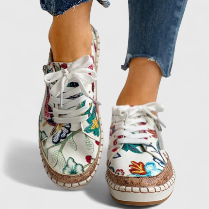 Floral Print Lace Up Side Zip Cork Platform Sneakers