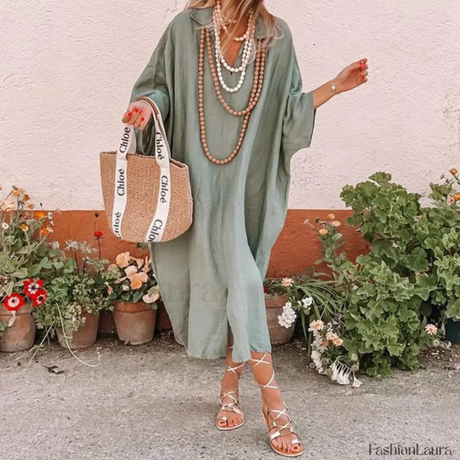 Bat-Sleeve Hemp Boho Dress