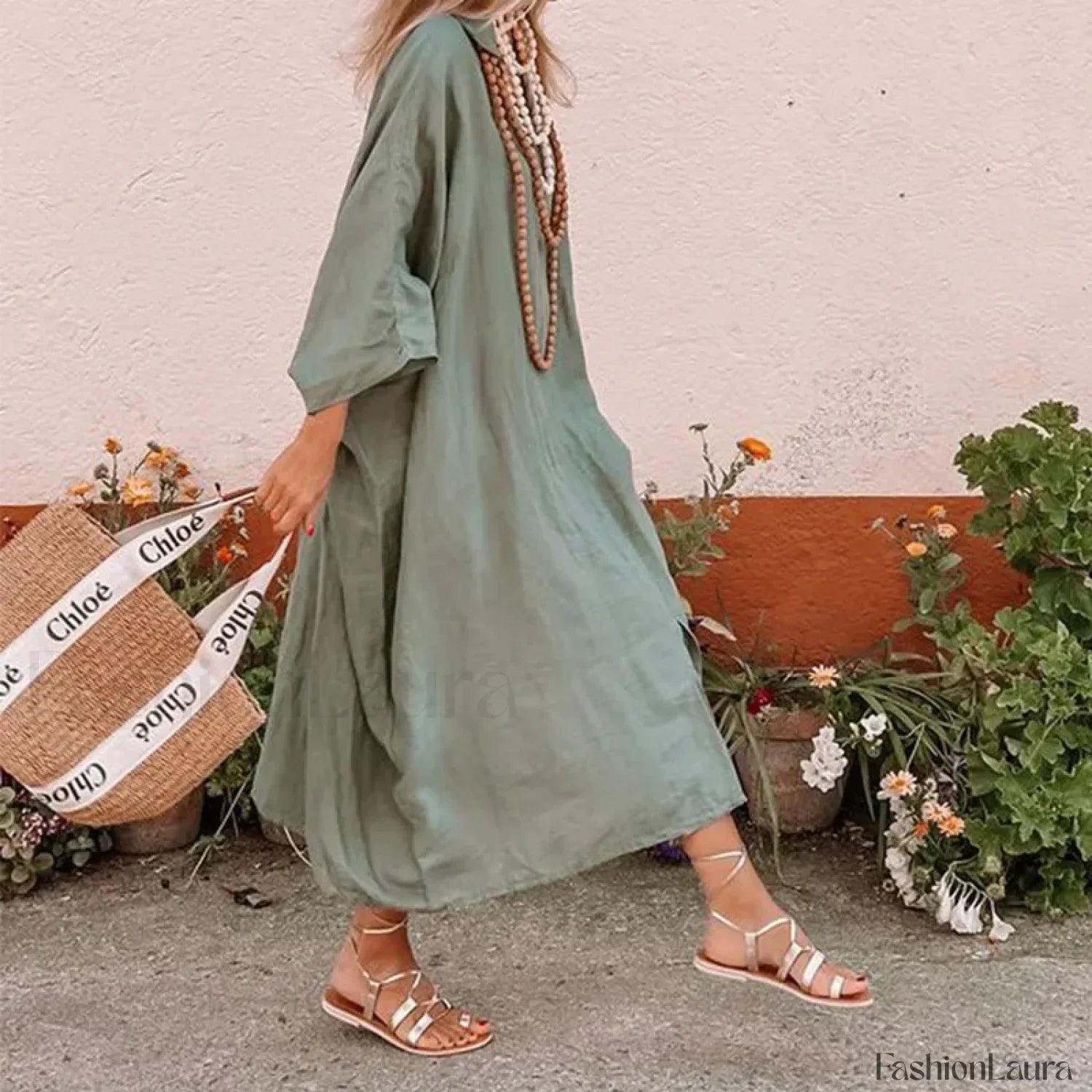 Bat-Sleeve Hemp Boho Dress