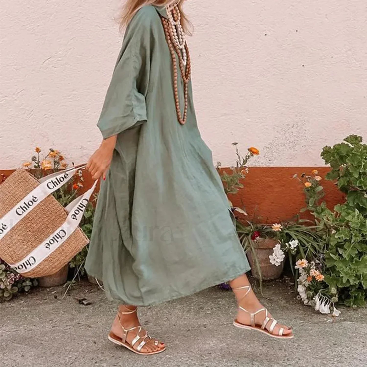 Bat-Sleeve Hemp Boho Dress