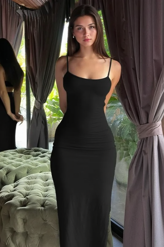 Solid Cutout Back Bodycon Curve Long Slip Dress