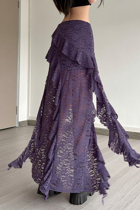Lace Overlay Wave Detail Bodycon Skirt
