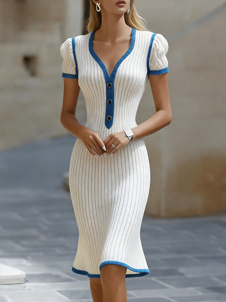 Rosalind™ | Elegant V-Neck Knit Midi Dress