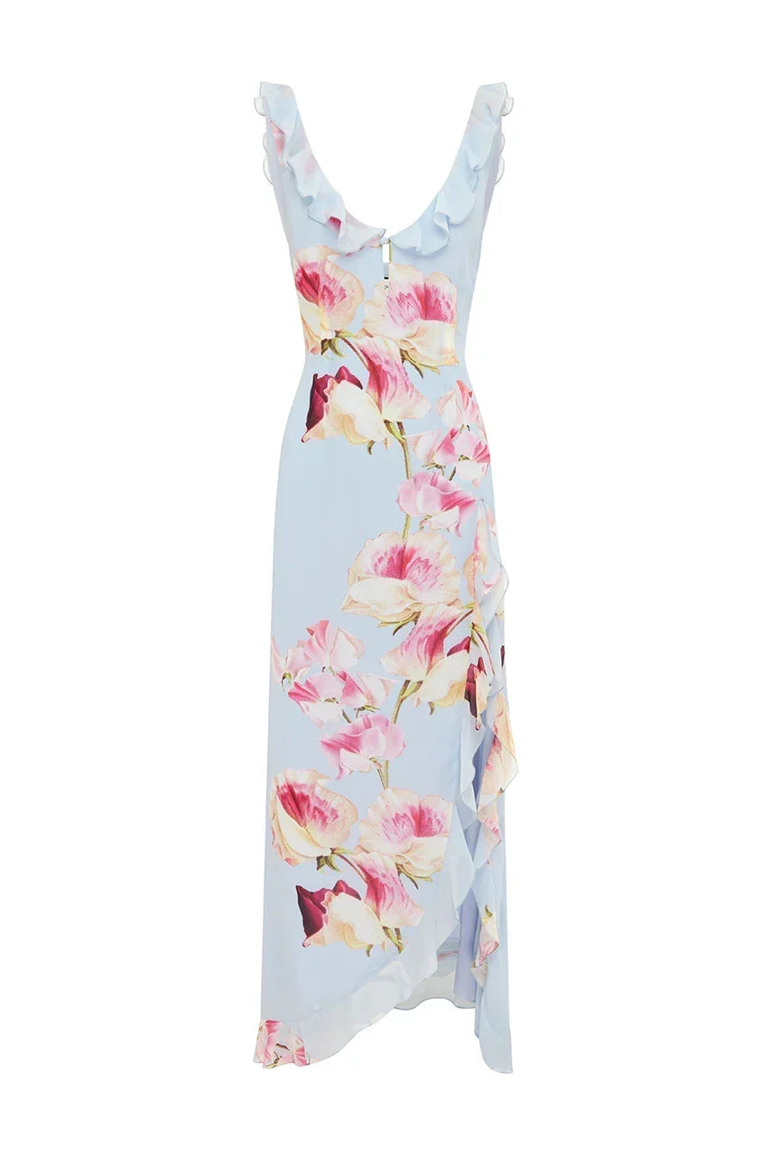 Floral Print Ruffle Scoop Neck Sleeveless High Split Maxi Dress 5