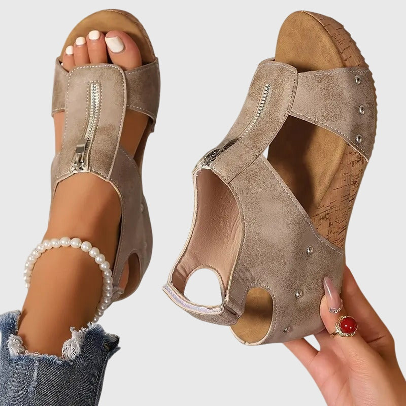 Closed Toe Zip Front Ankle Strap Wedge Sandals