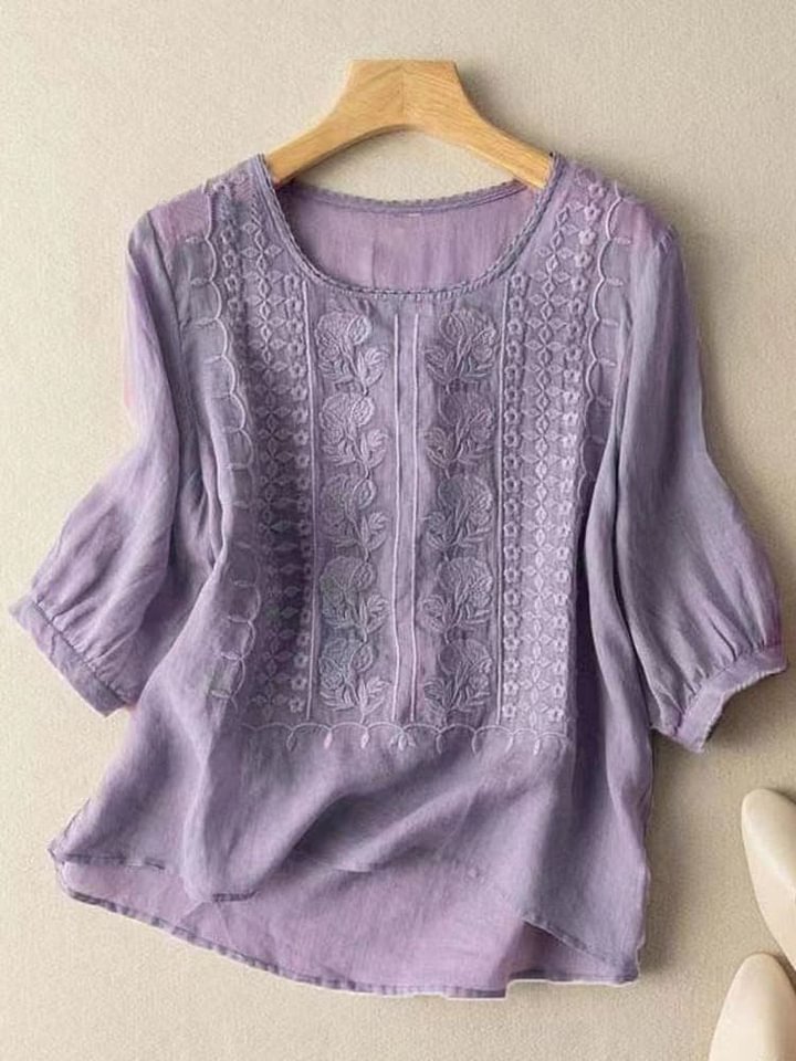 Round Neck Half Sleeve Floral Embroidered Linen Blouse