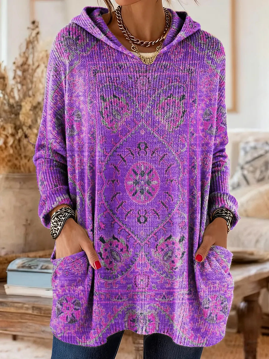Medallion Print Hooded Oversized Tunic Sweater