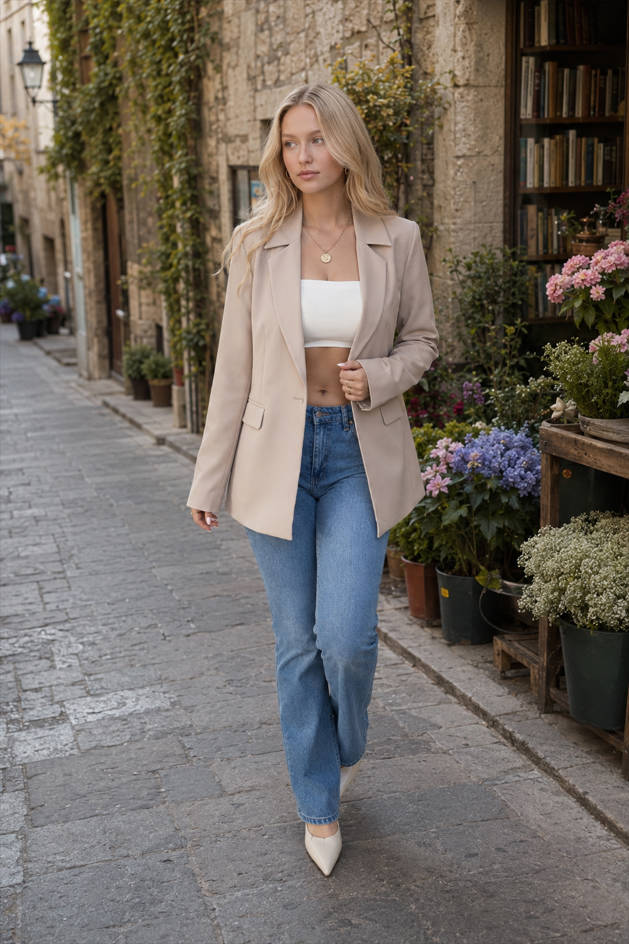 Notch Lapel Long Sleeve Flap Pocket Oversized Longline Blazer 3