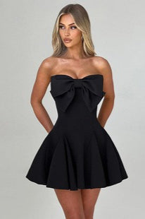 Off Shoulder Bow Detail Jacquard Floral Texture A-Line Mini Dress