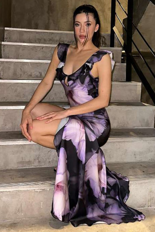 Backless U Neck Ruffle Slit Floral Dress