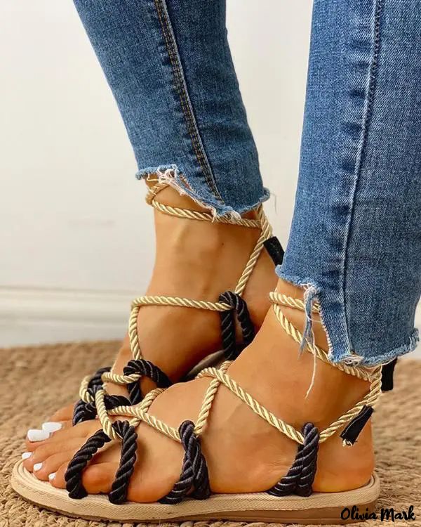 Knotted Lace-Up Sandals with Rope Design Flats