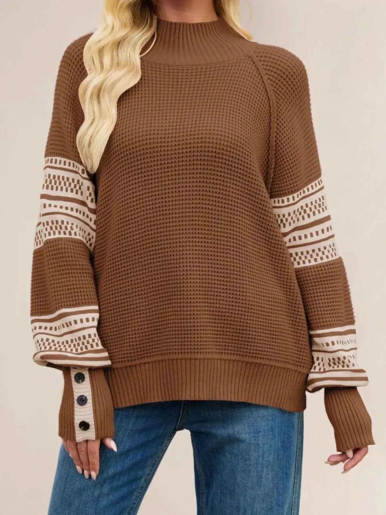 Color-Block Mock Neck Waffle Knit Sweater
