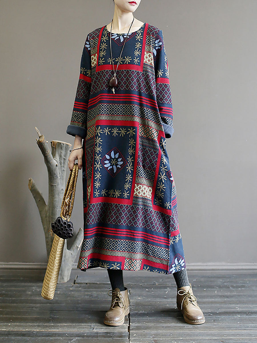 Folk Patchwork Print Long Sleeve Contrast Cuff Crew Neck Maxi Dress