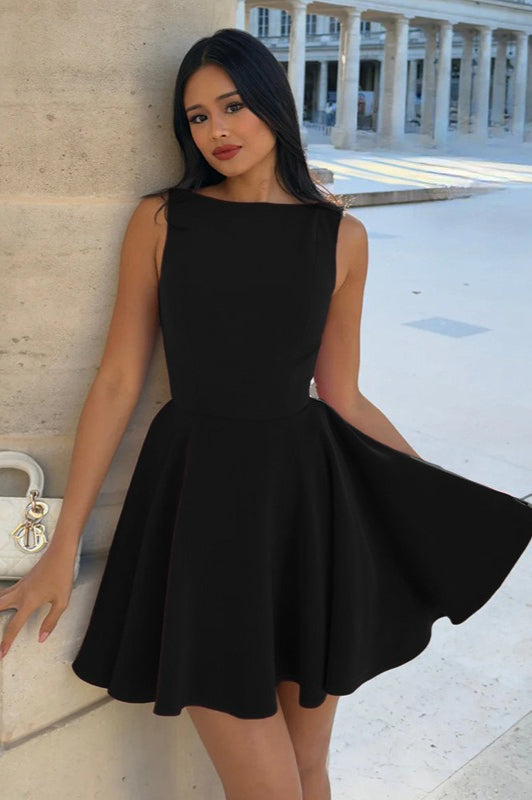 Sleeveless Boat Neck Fitted Waist Fit and Flare Mini Party Dress