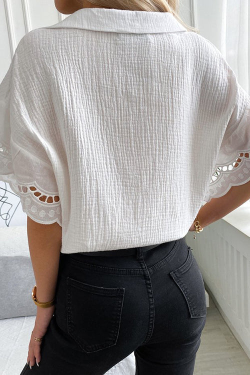 Keyhole Scalloped Edges V Neck Blouse