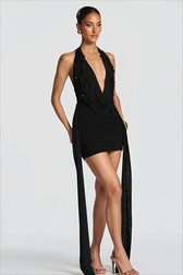 Rhinestone Plunge Halter Scarf Tie Bodycon Mini Dress