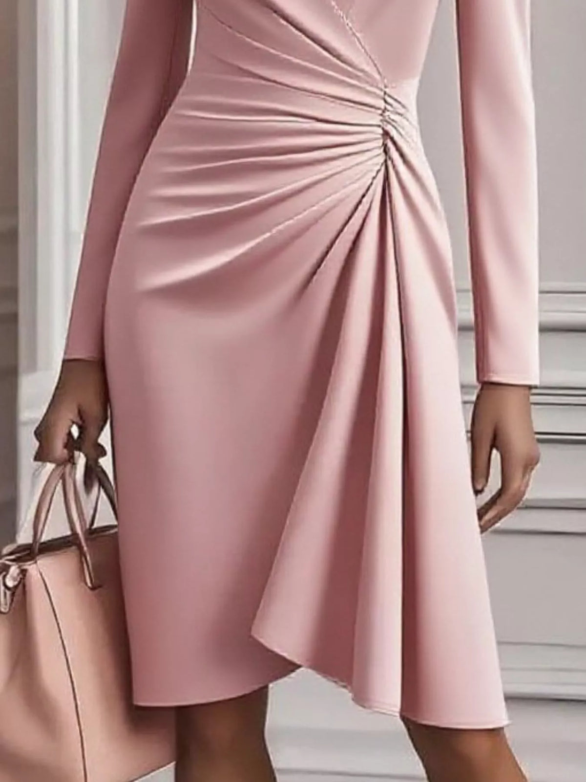 Satin Surplice V-Neck Long Sleeve Ruched Side Wrap Midi Dress 3