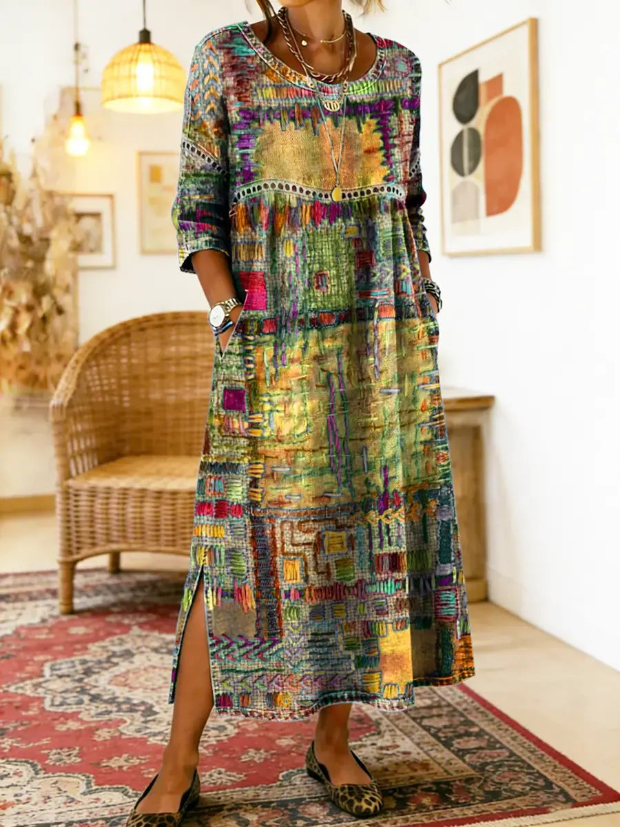 Patchwork Print Round Neck Pocket A-Line Maxi Dress