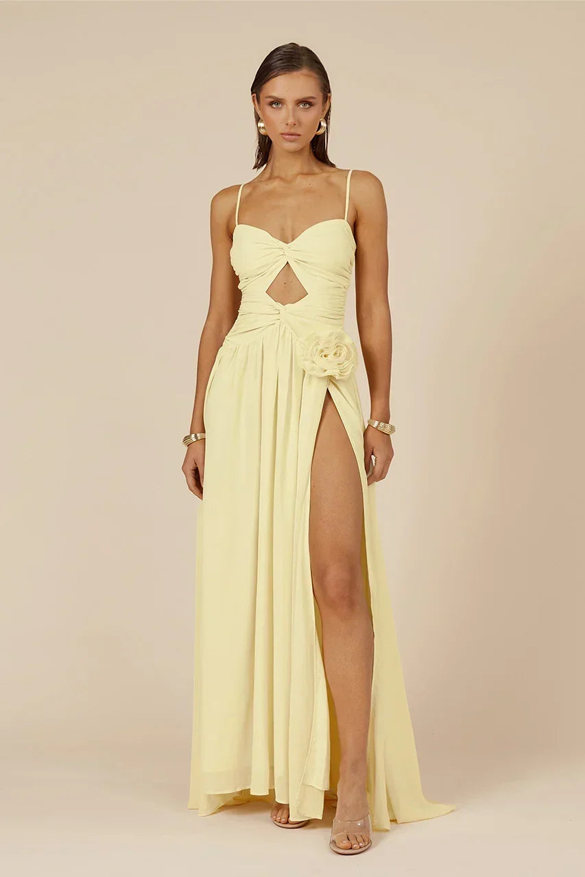 Chiffon Twist Front Cut Out Rosette High Split Maxi Dress