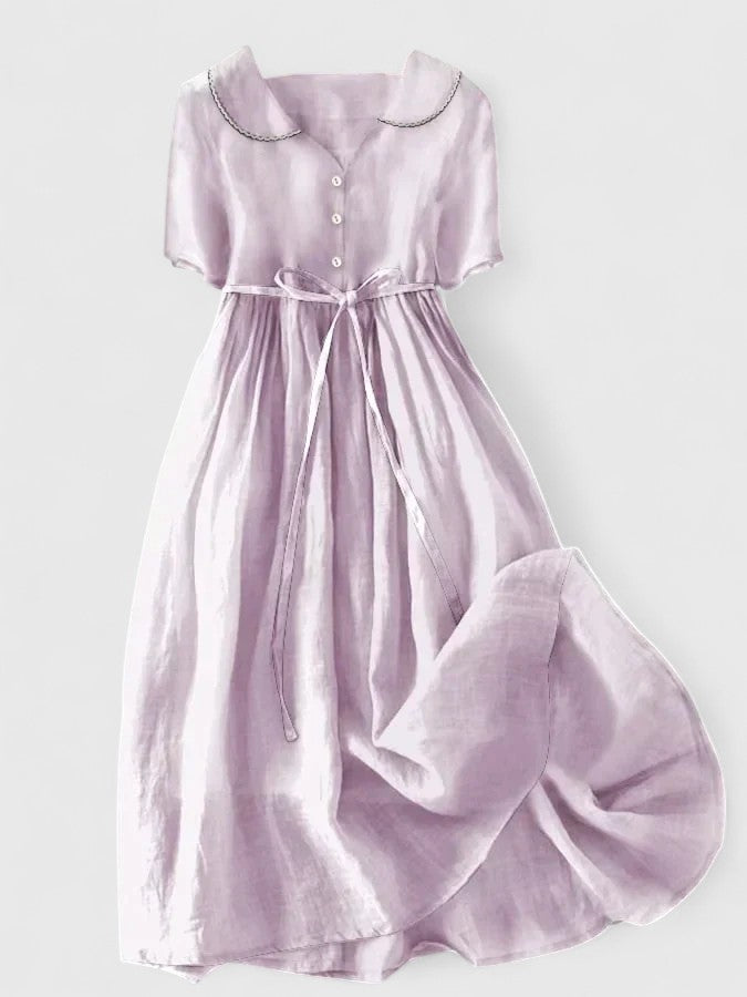 Oversized Collar Button Front Waist Tie Short Sleeve Midi Dress