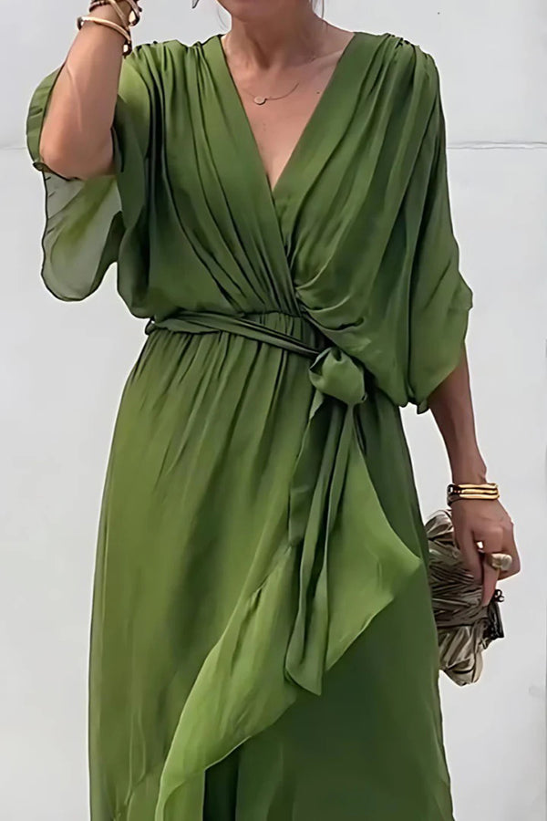 Solid Color V-neck Bat Sleeve Lace-up Irregular Hem Midi Dress - View 11