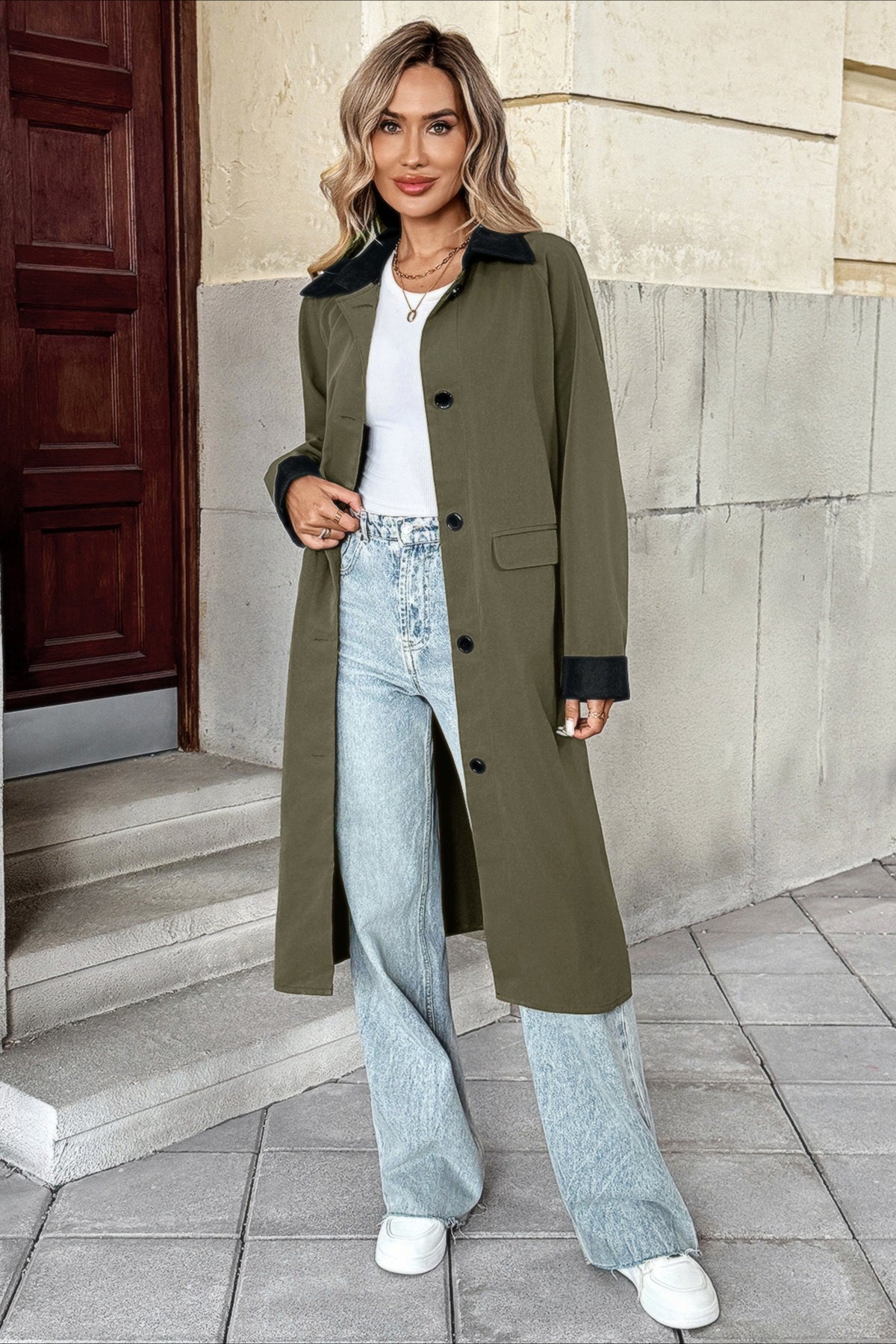 Contrast Collar and Cuff Single Breasted Flap Pocket Longline Coat 5