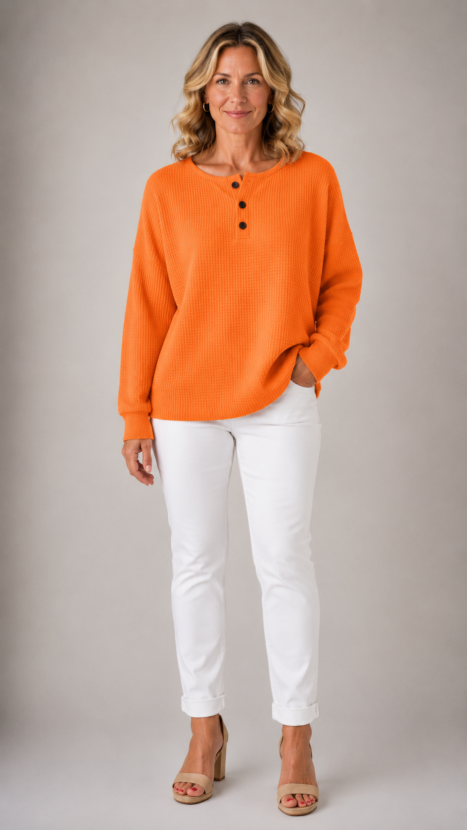 Round Neck Long Sleeve Waffle Knit Henley Sweater
