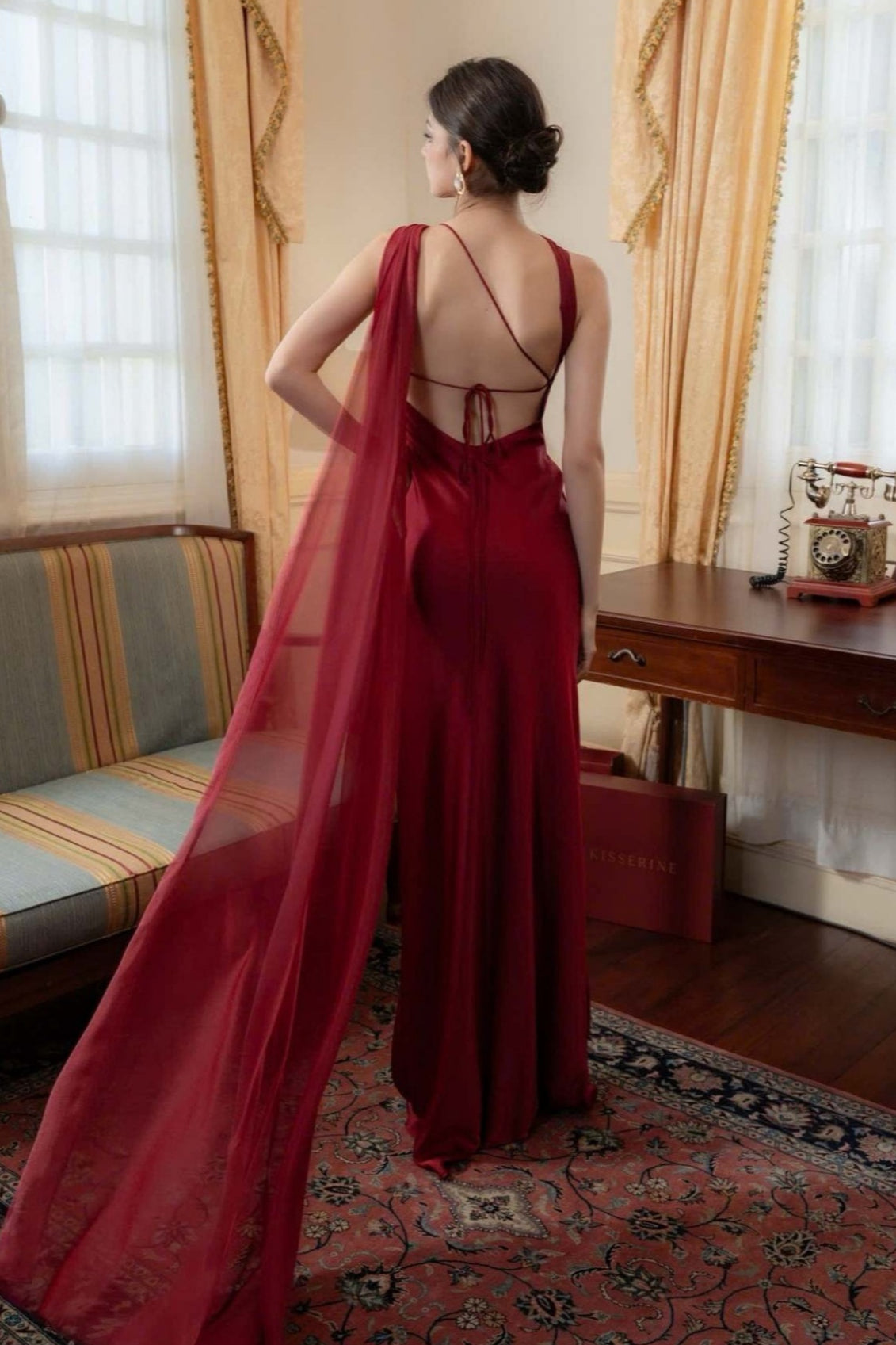 Satin One Shoulder Draped Cape Sheath Gown