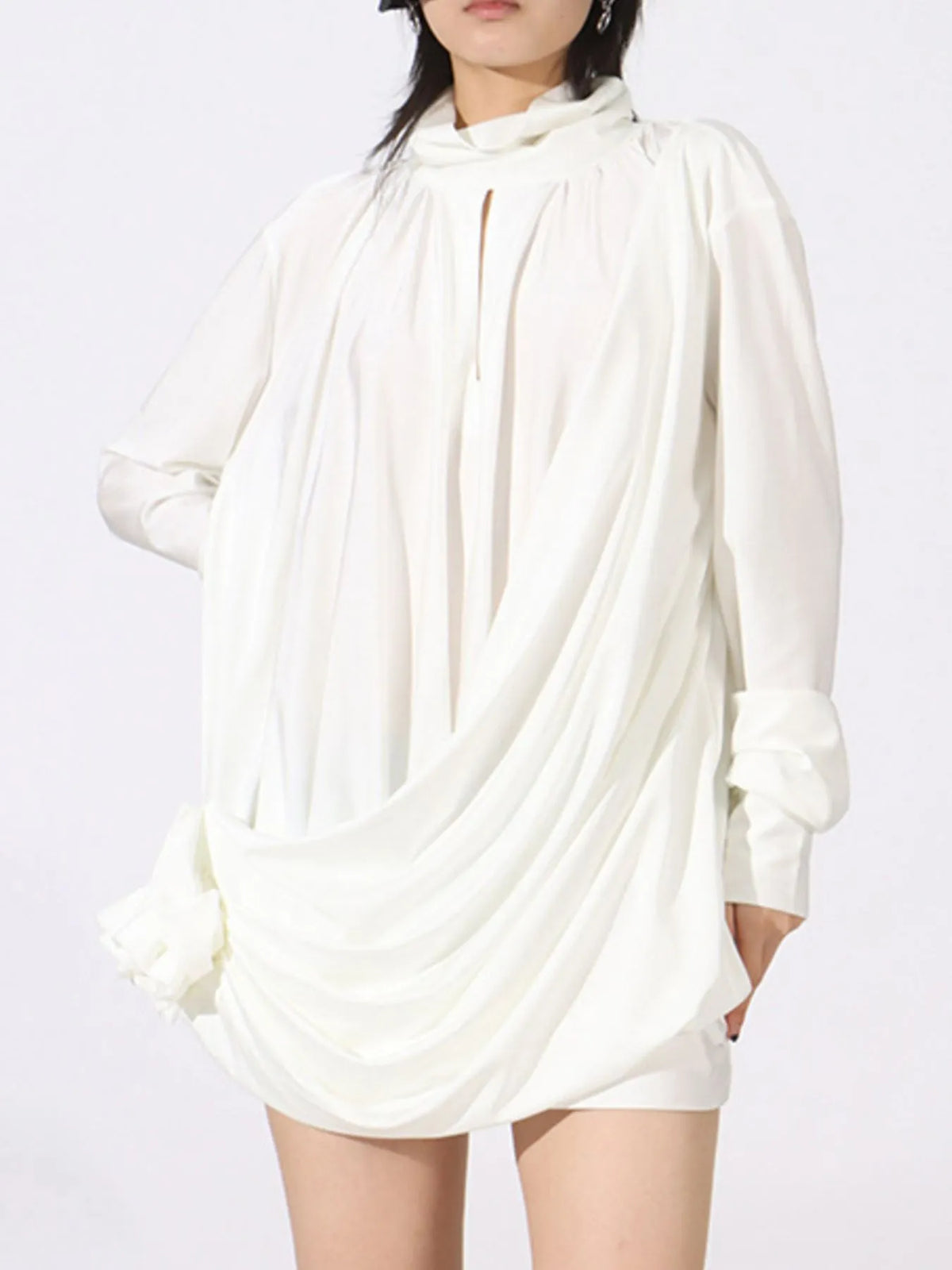Mock Neck Long Sleeve Draped Rosette Keyhole Mini Dress 3