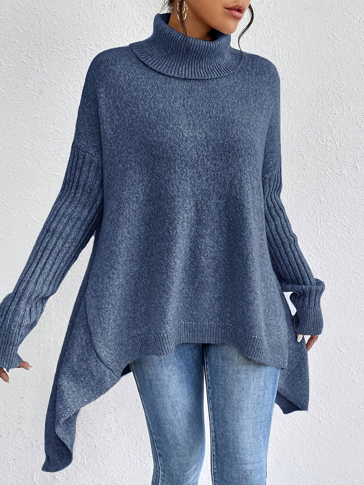 Turtleneck Oversized High Low Tunic Sweater