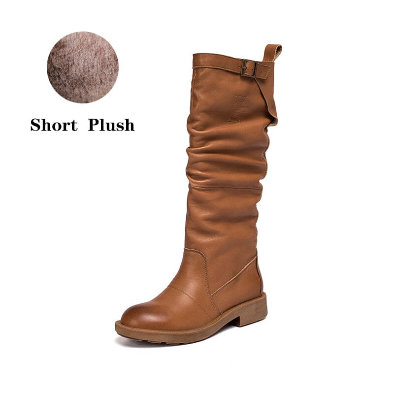 Waxing��Leather Knee High Boots Fold Design Riding Boots Buckle Boots in Black/Brown