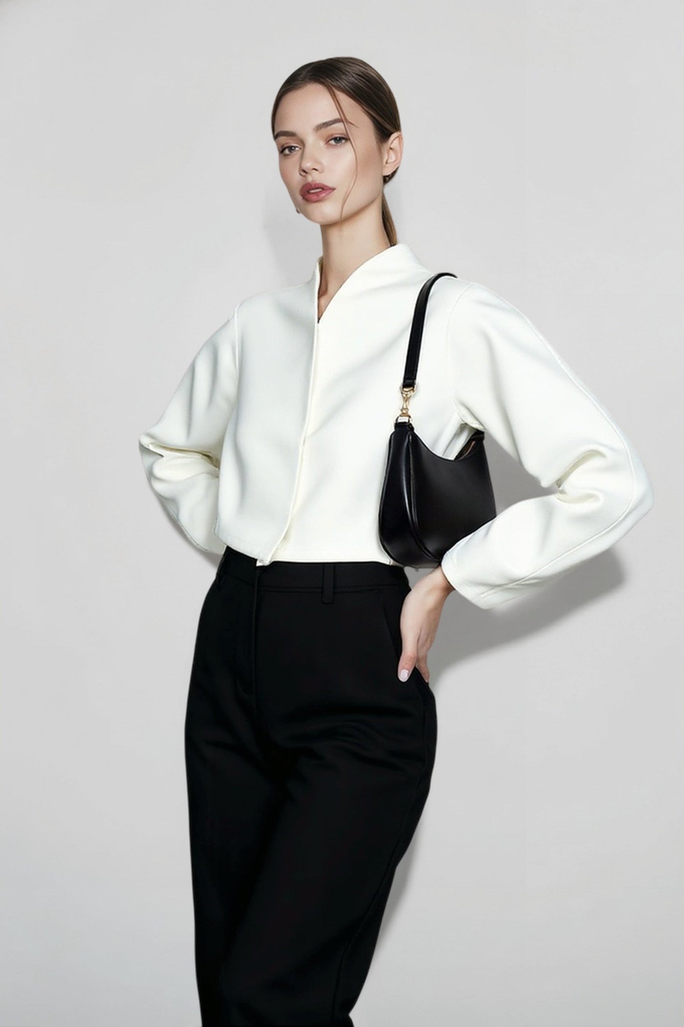 Chic White Boucle Cropped V Neck Coat