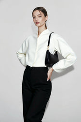 Chic White Boucle Cropped V Neck Coat