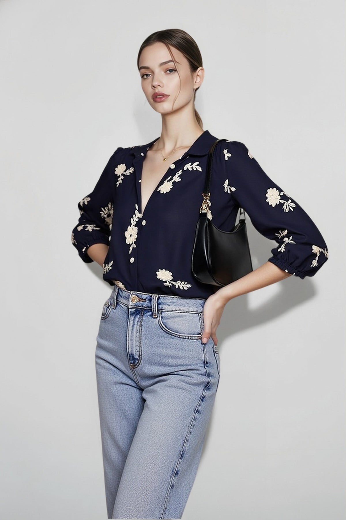 Floral Print Lantern Sleeve Button Front Collared Blouse 4