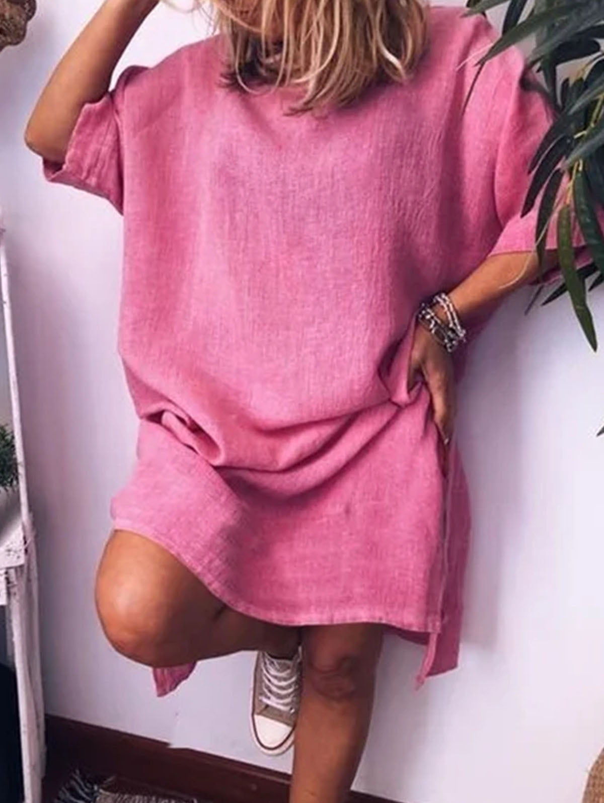 Linen Look Drop Shoulder Round Neck Pocket Relaxed Shift Mini Dress