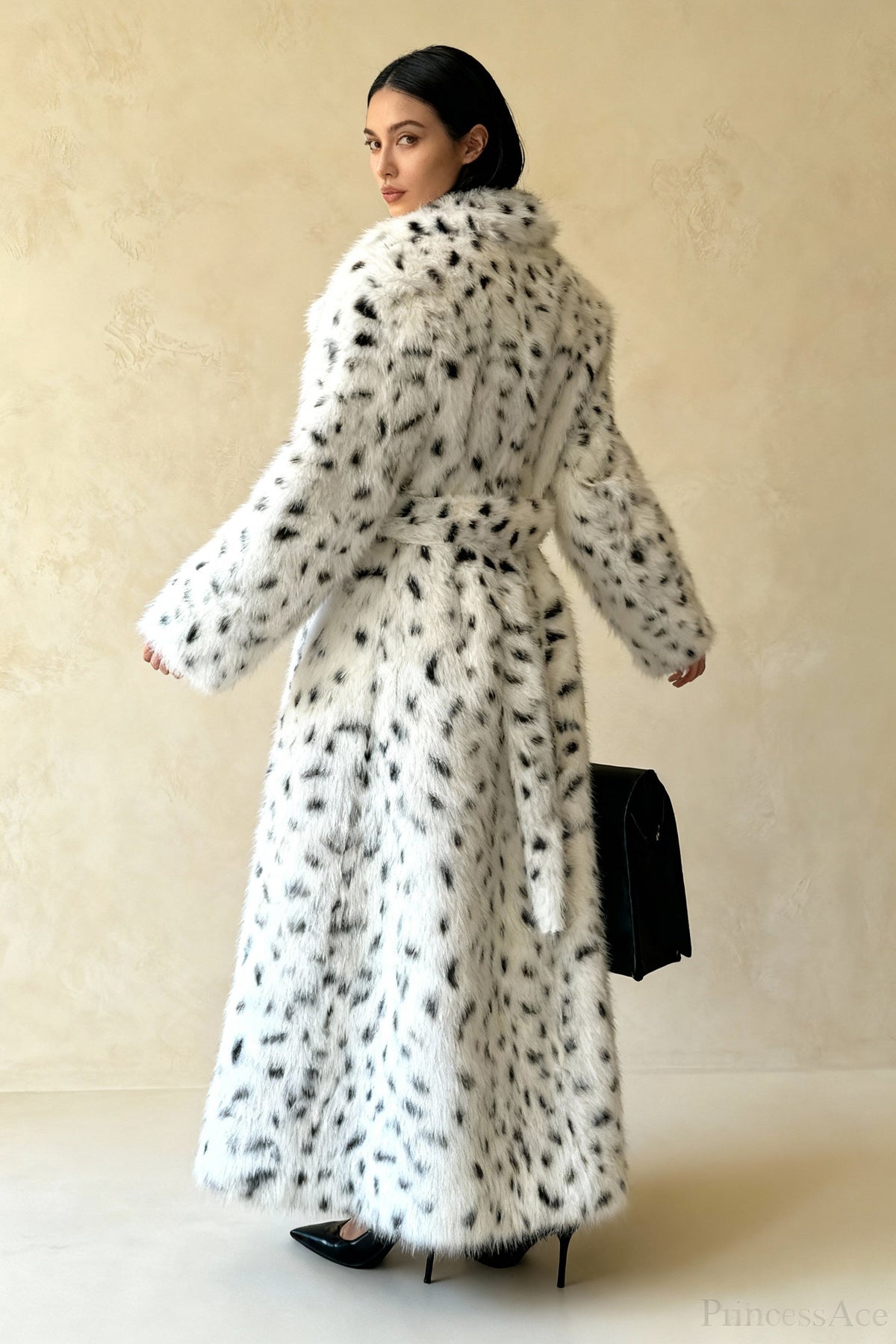 Animal Print Faux Fur Shawl Collar Belted Longline Coat 4