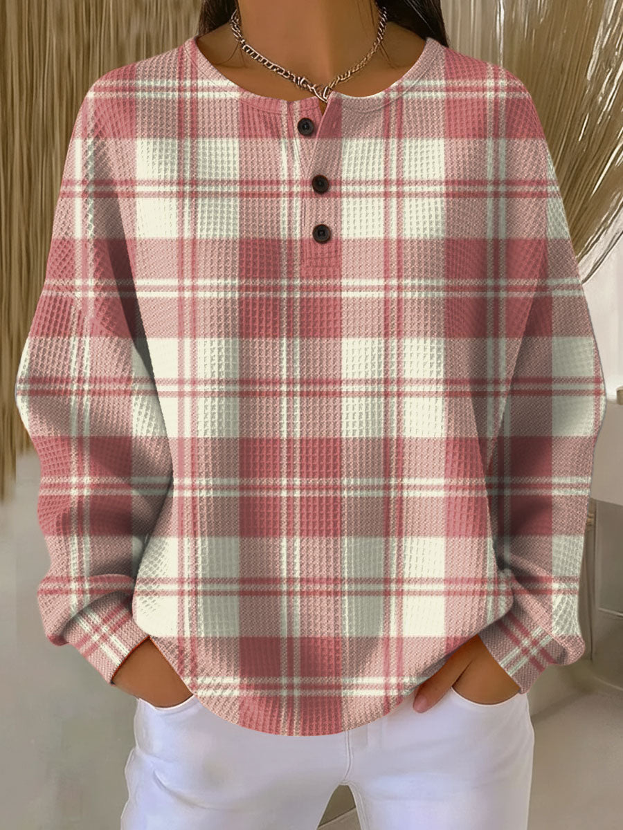 Plaid Waffle Knit Button Henley Long Sleeve Top