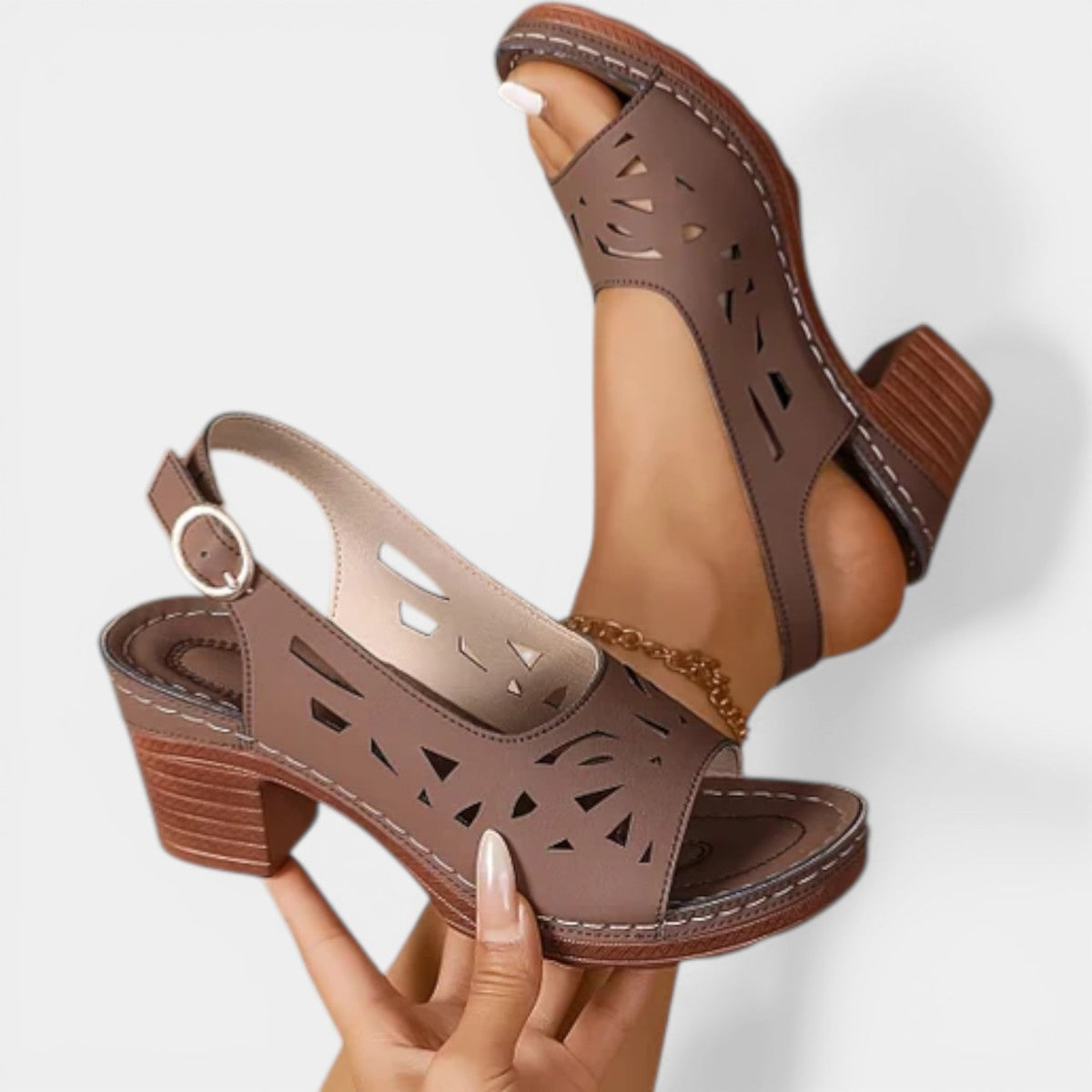 Peep Toe Laser Cut Slingback Block Heel Sandals