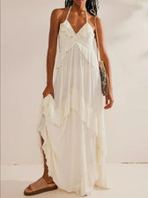 Halter Neck Deep V-Neck Ruffle Tiered Backless Maxi Dress 8