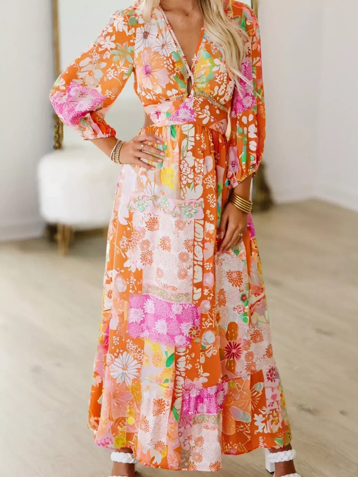 Floral Patchwork Print V-Neck Balloon Sleeve Cut Out Maxi Dress 3