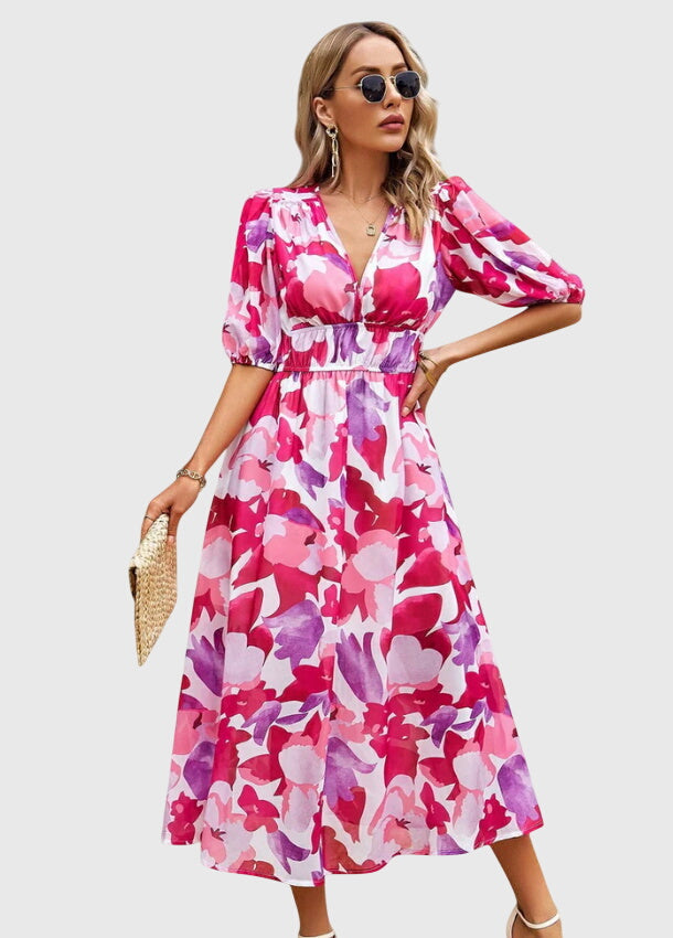 Floral Chiffon Deep V-Neck Puff Sleeve Smocked Maxi Dress 15