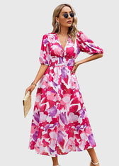 Floral Chiffon Deep V-Neck Puff Sleeve Smocked Maxi Dress 15