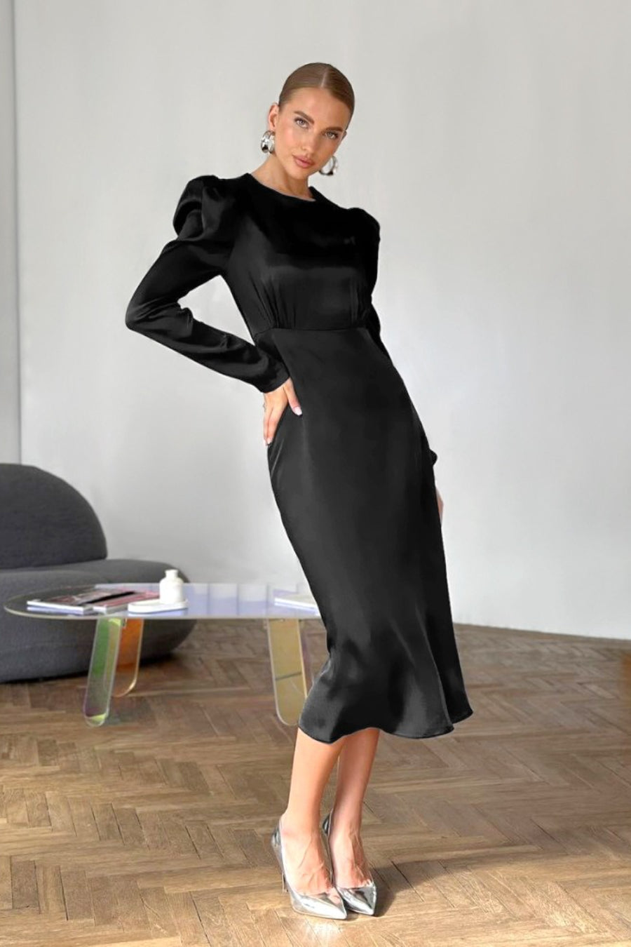 Black Satin Puff Sleeve Midi Dress - View 2