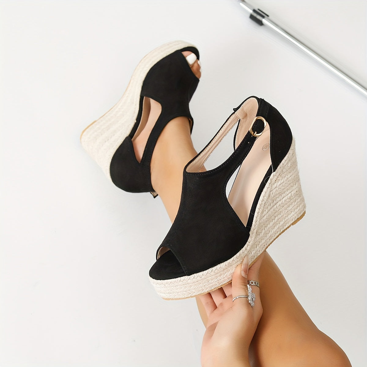 Peep Toe Cut Out Ankle Strap Espadrille Wedge Sandals