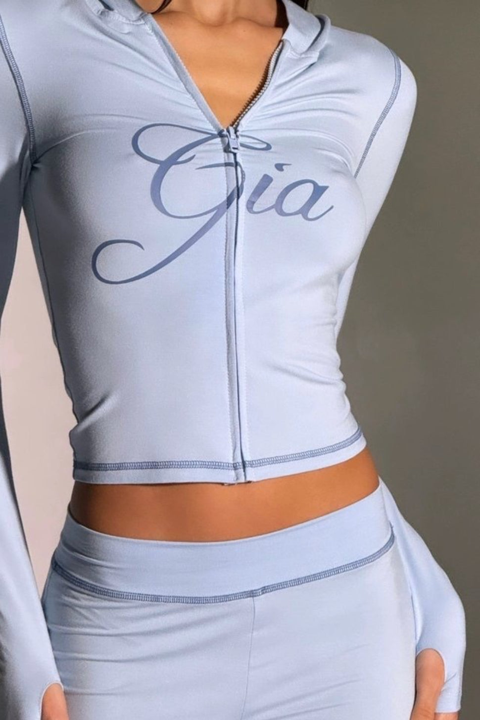 Script Graphic Zip Front Long Sleeve Top and Contrast Stitch Pants Two Piece Set 7